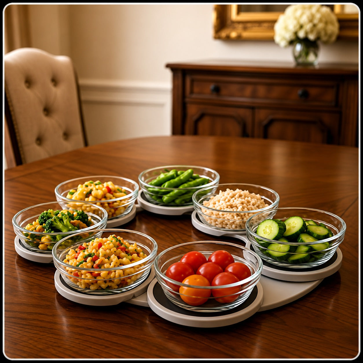 Rotating Snack & Condiment Serving Tray with Glass Bowls – 7-Piece Lazy Susan Platter