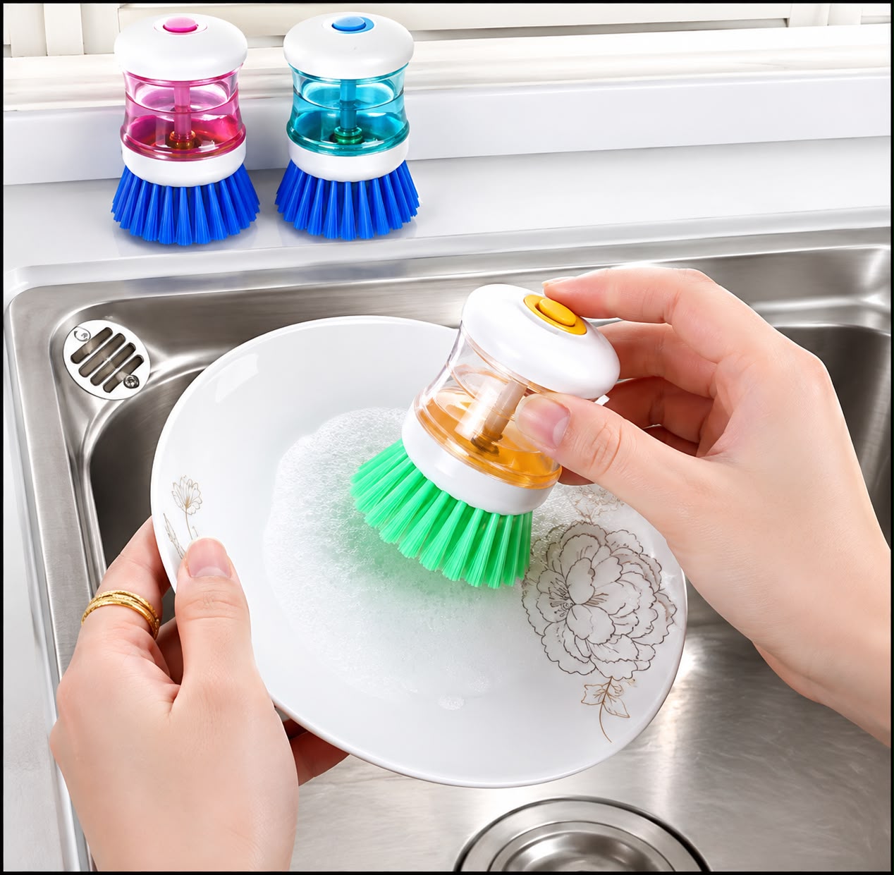 Soap Dispensing Palm Brush – 2-in-1 Kitchen Cleaning Brush